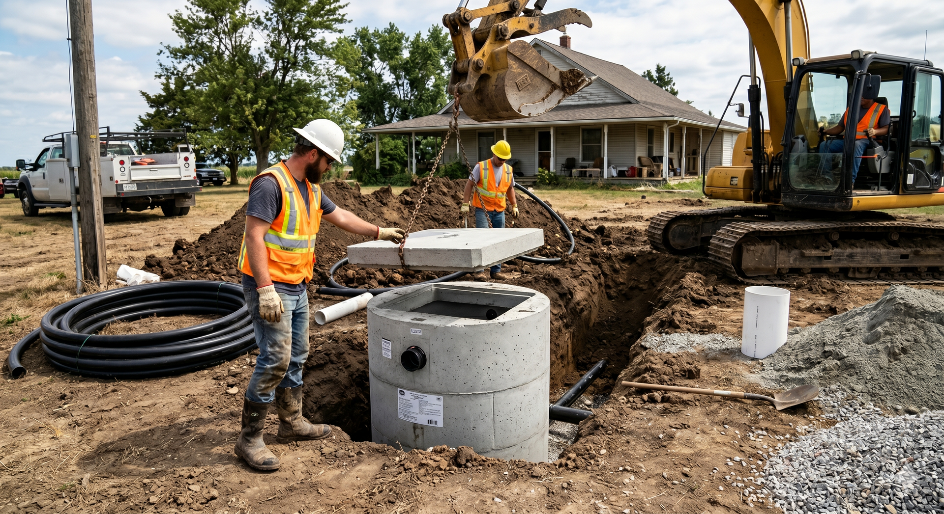 Utility workers installing underground pipes in a muddy residential yard, with excavator and concrete manhole rings.