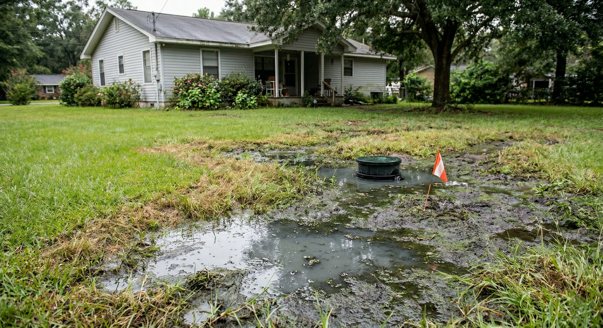A flooded yard with a dark, circular septic tank access cover visible in the muddy water near a residential house.