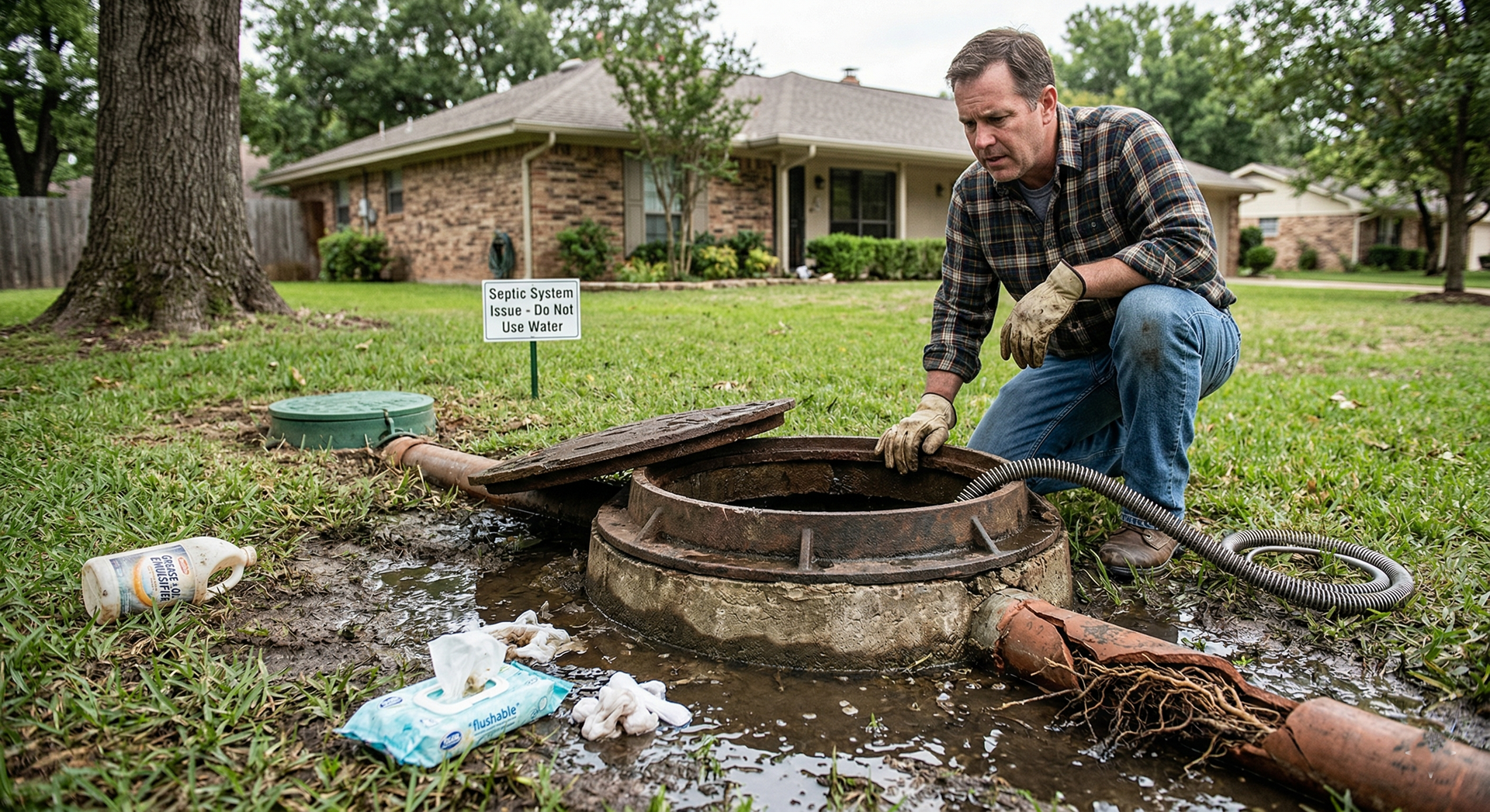 Man kneels beside an open utility hole in a yard, working with pipes and debris near a brick house.