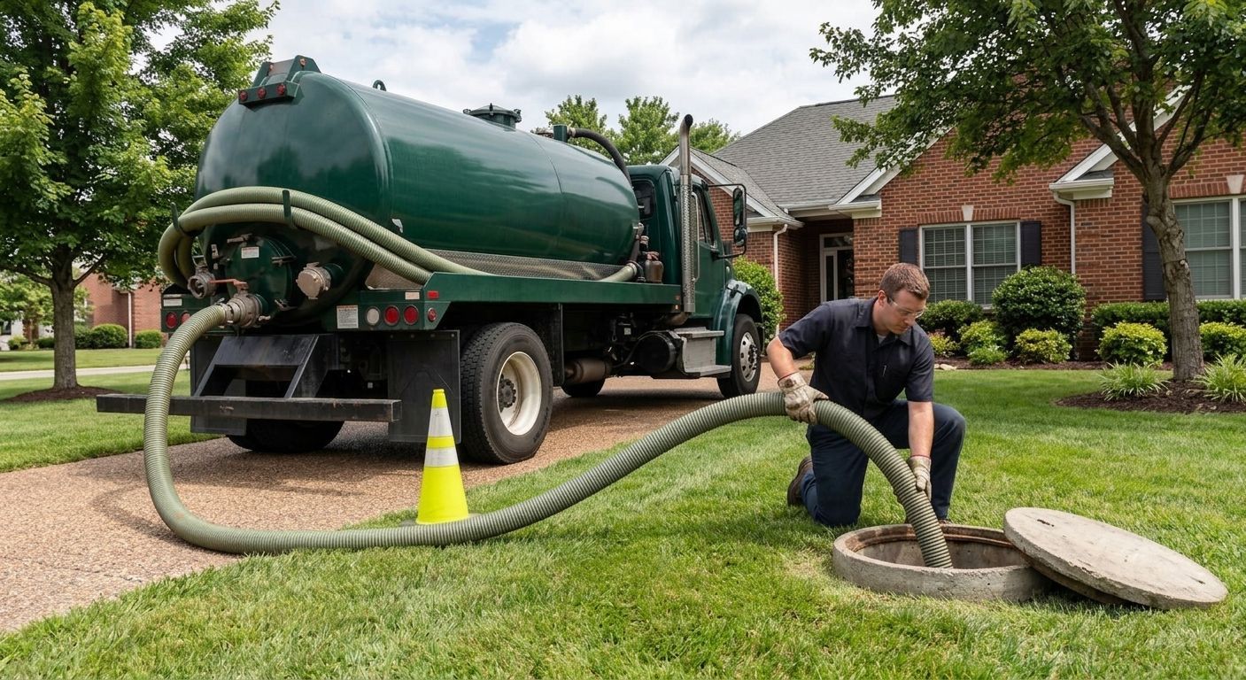 Worker in navy shirt clears a clogged sewer line from a green vacuum truck on a suburban lawn.