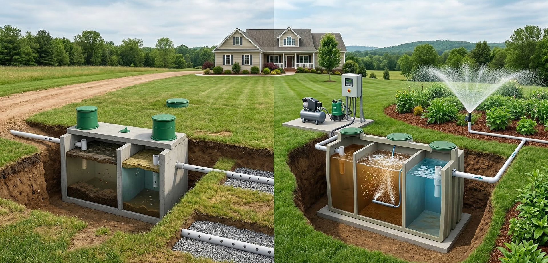 Split-view graphic comparing a traditional septic system with a drain field to an aerobic treatment system with irrigation.