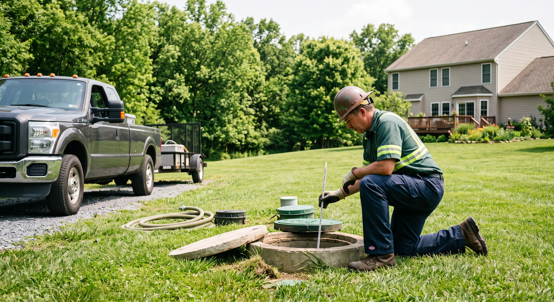 Worker kneels on lawn repairing a sprinkler beside a truck in a suburban yard