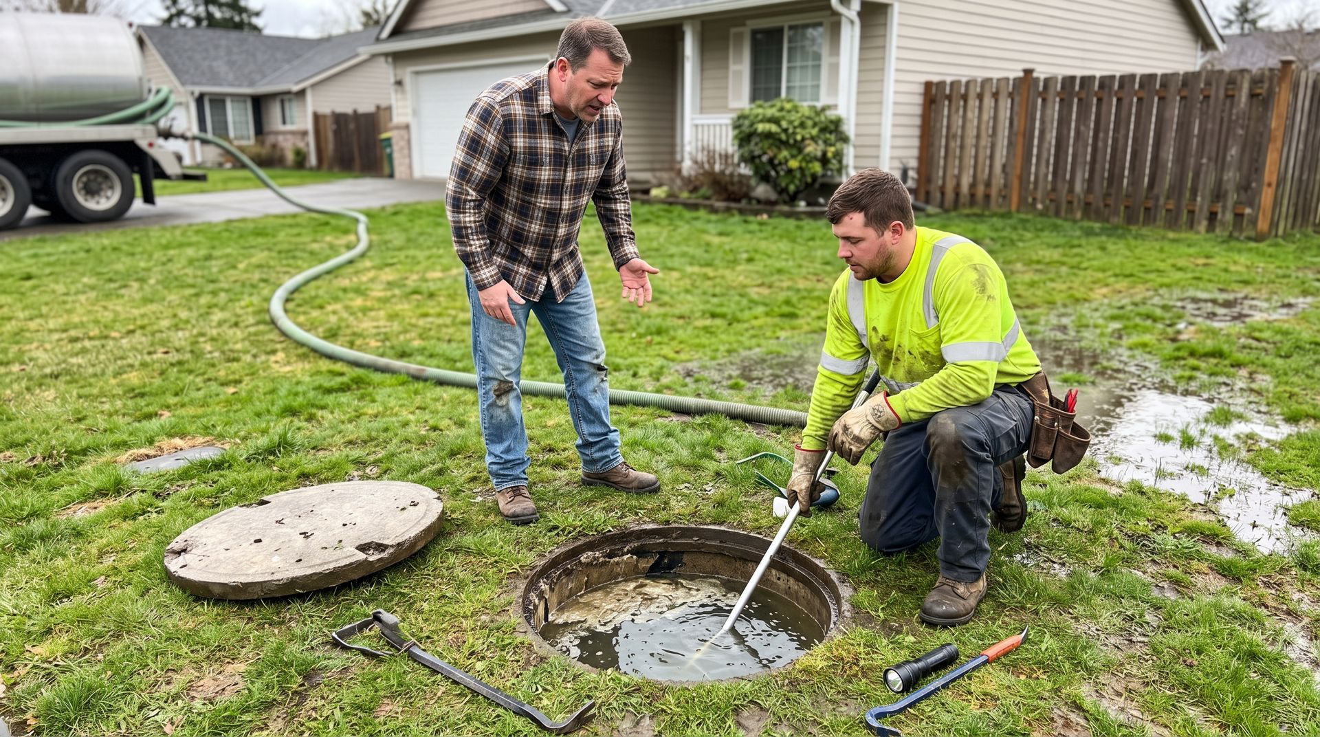Two men inspect a wet yard hole, one kneeling with a tool beside a concrete lid and hoses.