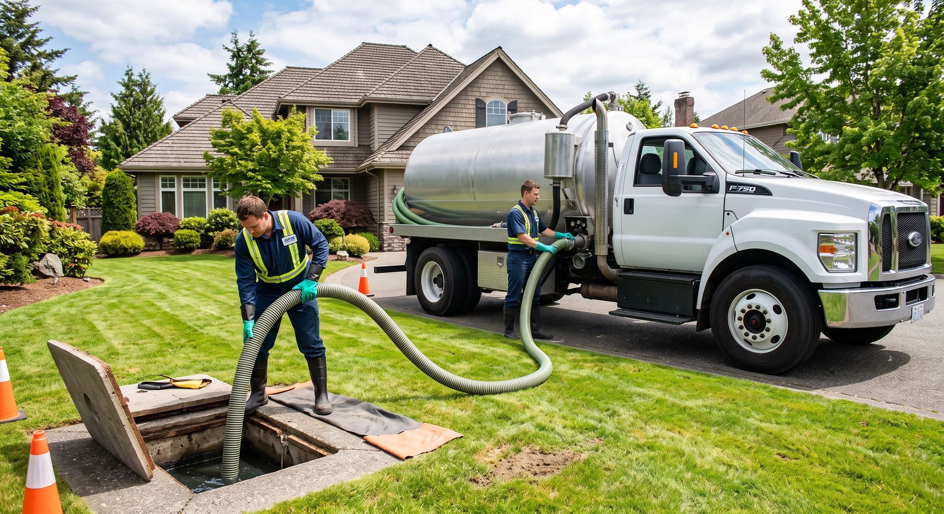 Worker cleaning a residential sewer line beside a white utility truck in a suburban yard