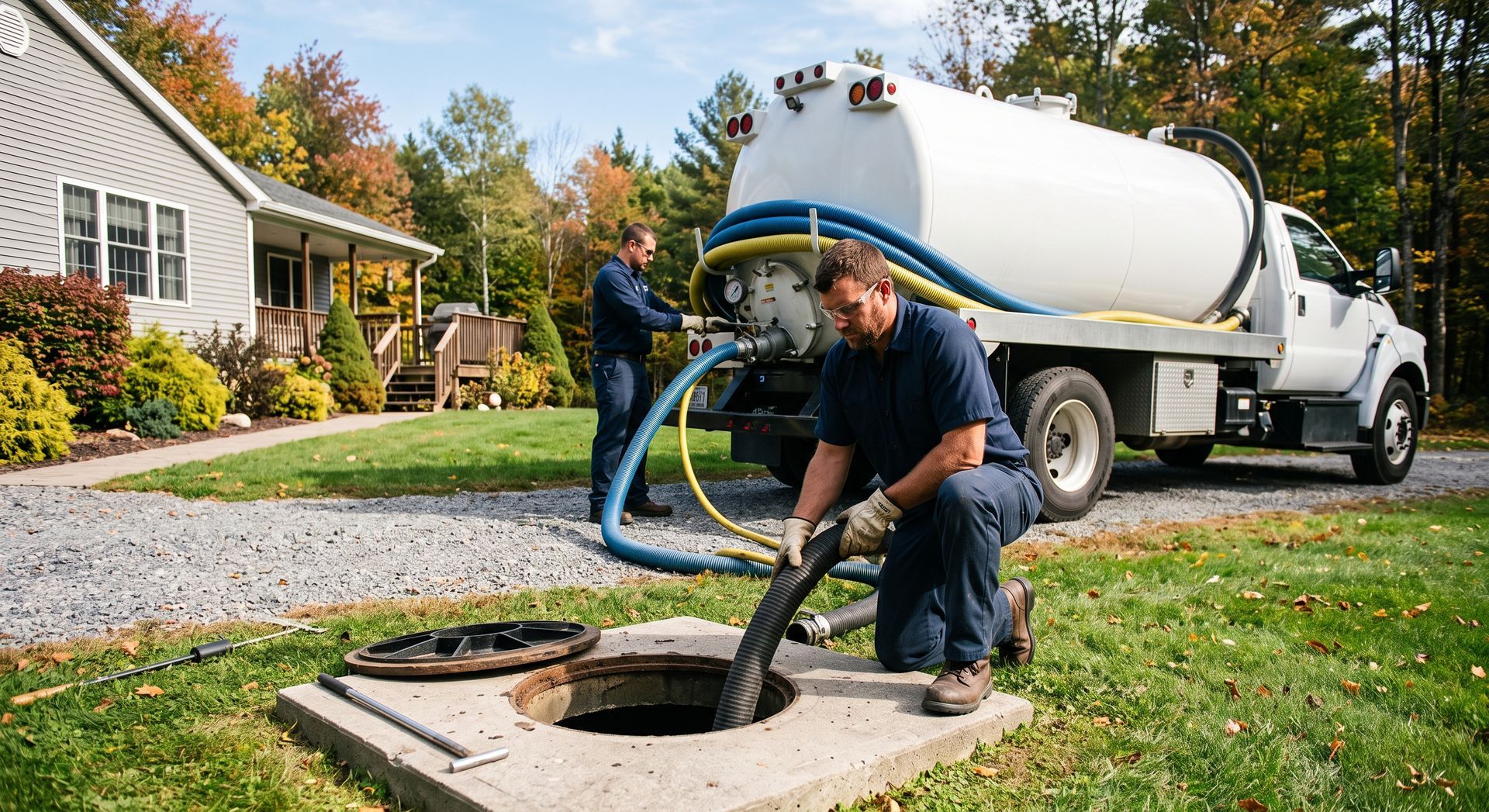 Workers emptying a septic tank truck into a lawn access hole beside a house