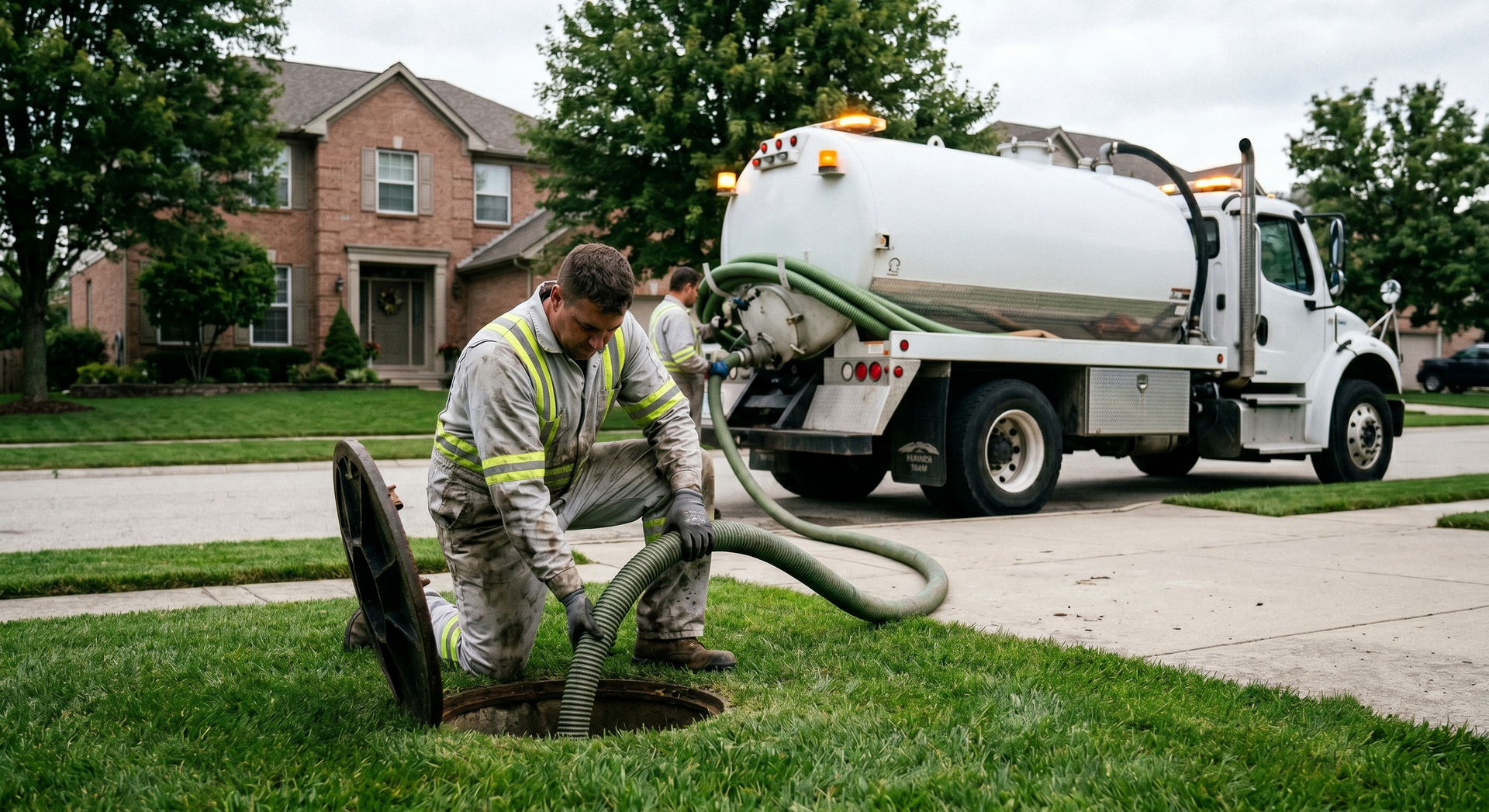 Utility worker using a hose beside a white truck on a suburban street with houses in the background