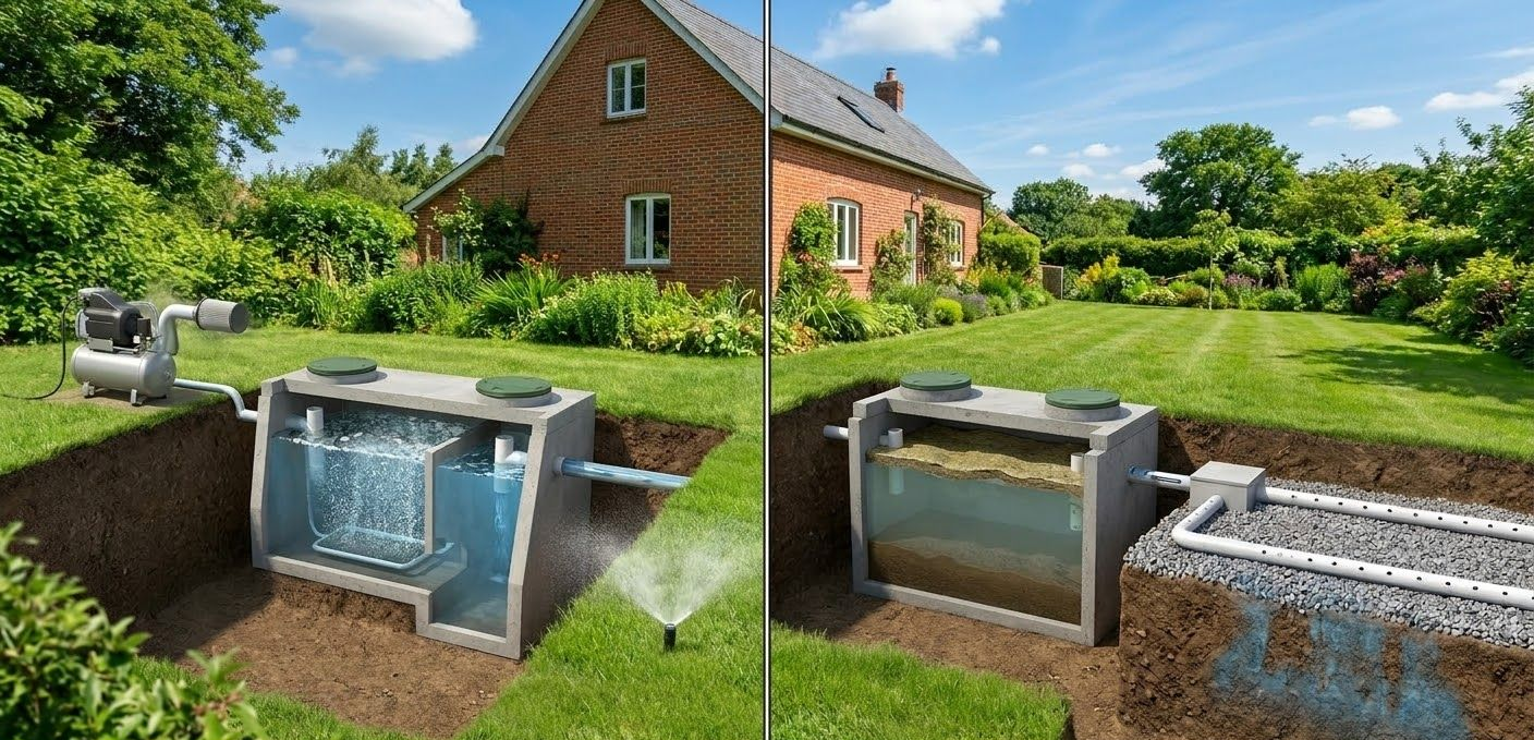 A side-by-side comparison of two underground residential septic systems installed in a grassy yard by a brick house.