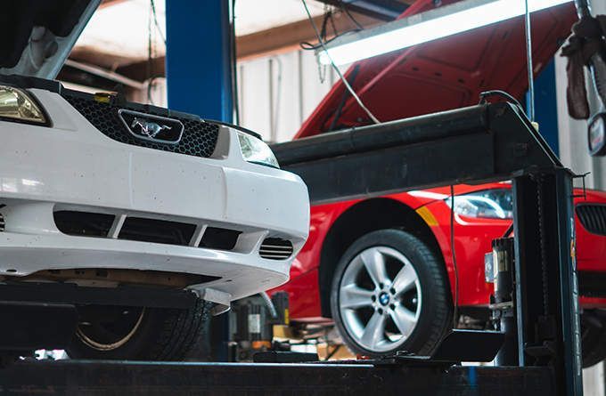 White and red cars on lifts in an auto repair shop