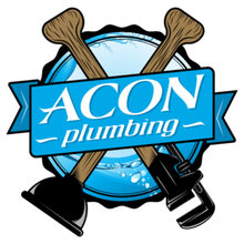 ACON Plumbing logo with crossed plungers over a blue water splash badge
