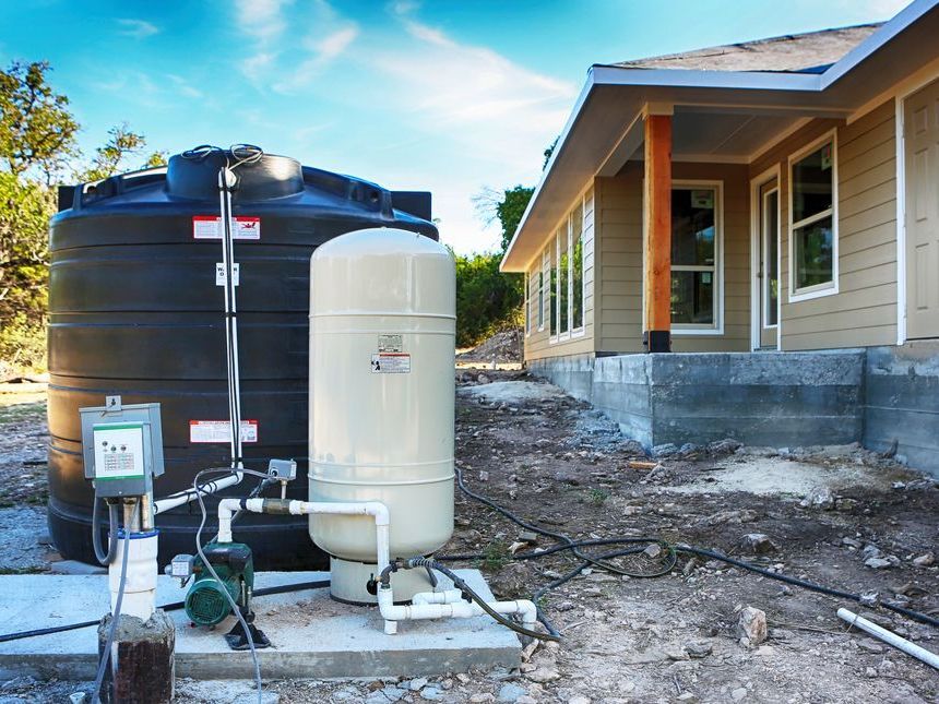 Water tanks and pump beside a house under construction, with exposed ground and plumbing equipment.
