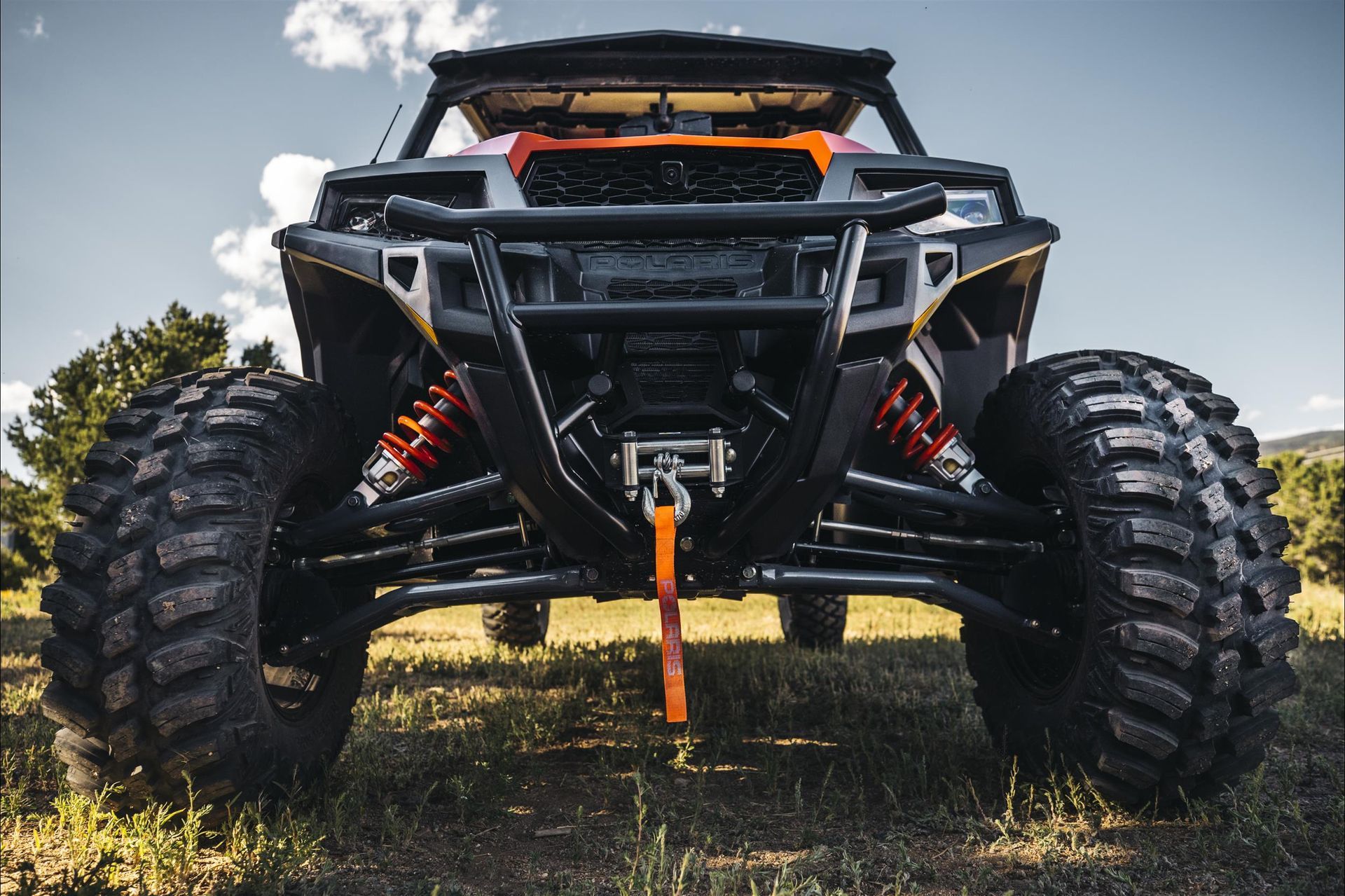 Black off-road dune buggy with large tires on grass under a cloudy sky