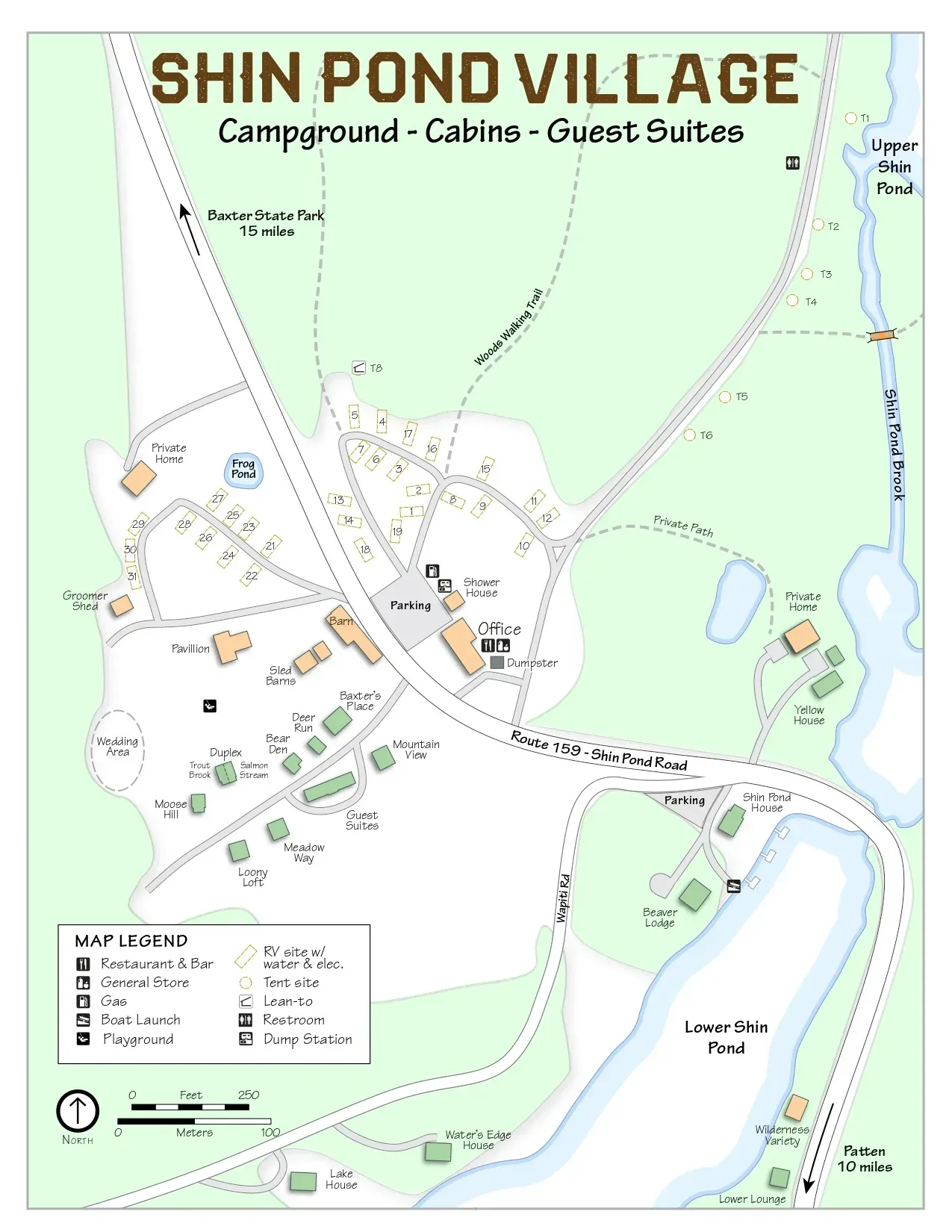 Map of Shin Pond Village campground, cabins, and guest suites with roads, buildings, and ponds.