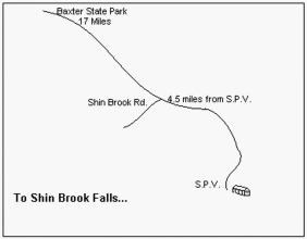 Map to Shin Brook Falls showing Baxter State Park, Shin Brook Rd., and S.P.V. distances