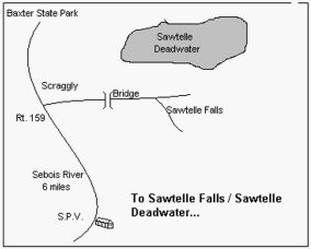 Map of Baxter State Park showing roads and routes to Sawtelle Falls and Deadwater.
