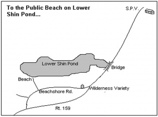 Map to Public Beach on Lower Shin Pond, showing roads, bridge, and shoreline landmarks.