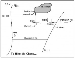 Map to Mt. Chase hike: roads, trail to summit, park, field, pub, and route distances.