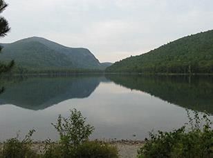 Calm lake reflecting green hills and cloudy sky, with trees along the shore