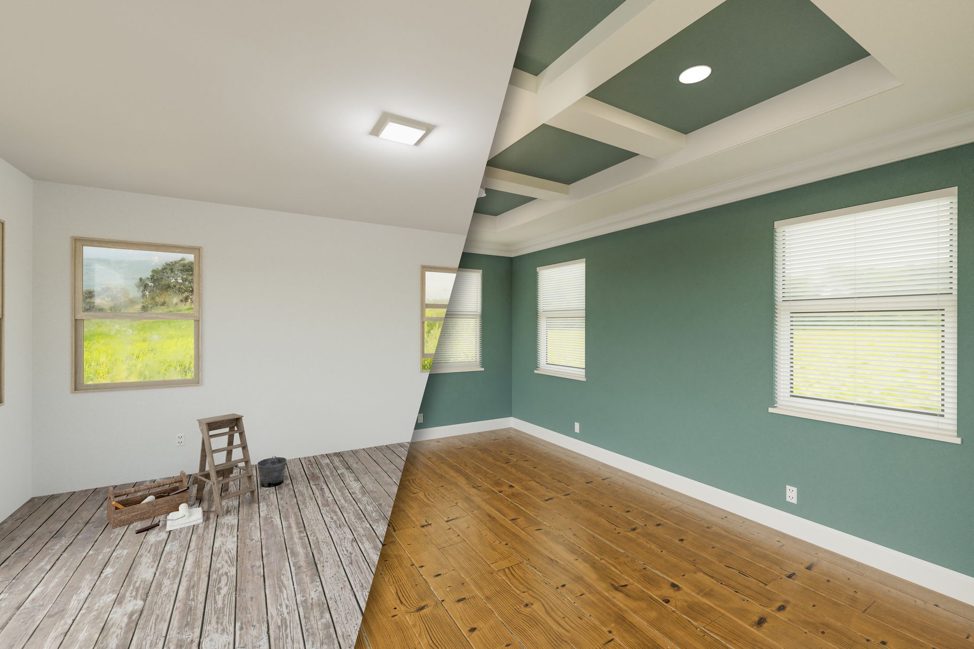 Room renovation comparison: before shows a bare room.