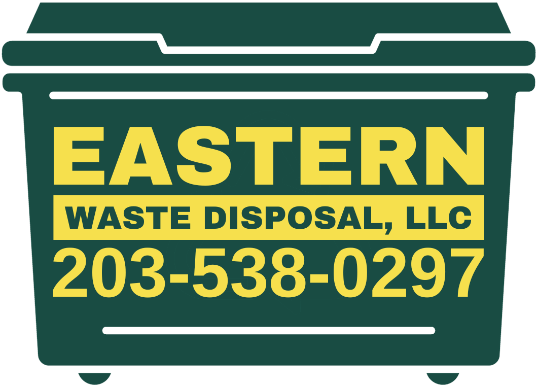 A dark green dumpster logo with yellow text reading 