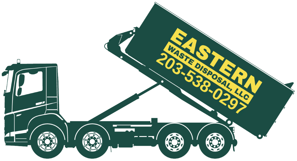 A green truck with a raised dumpster container featuring yellow text: 