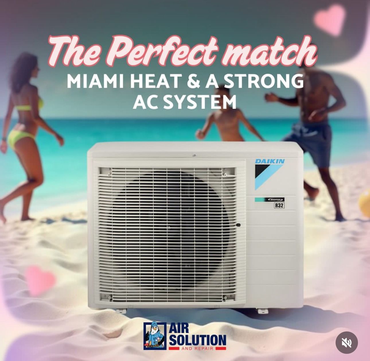 Beach ad for Miami Heat & strong AC system, featuring a large white outdoor unit and pink heart graphics
