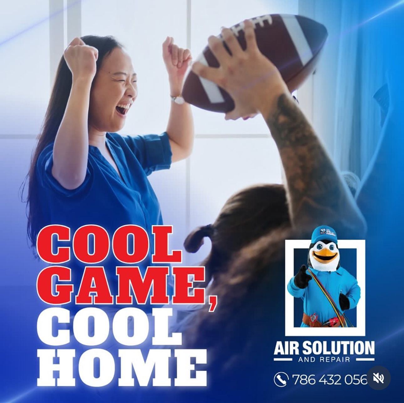 Fans cheering at home for a football game, with “Cool Game, Cool Home” and an air solution ad.