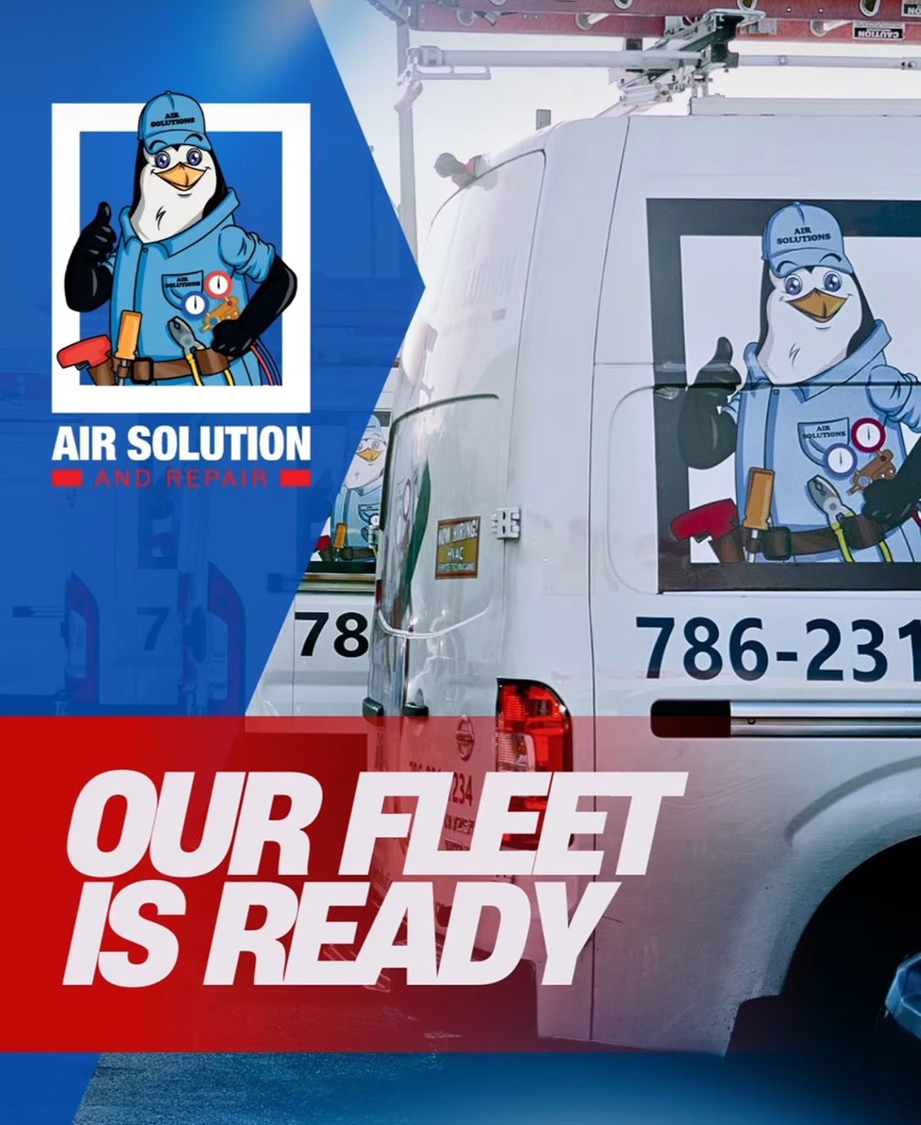 Air Solution truck ad with cartoon penguin mascot and bold text “OUR FLEET IS READY”