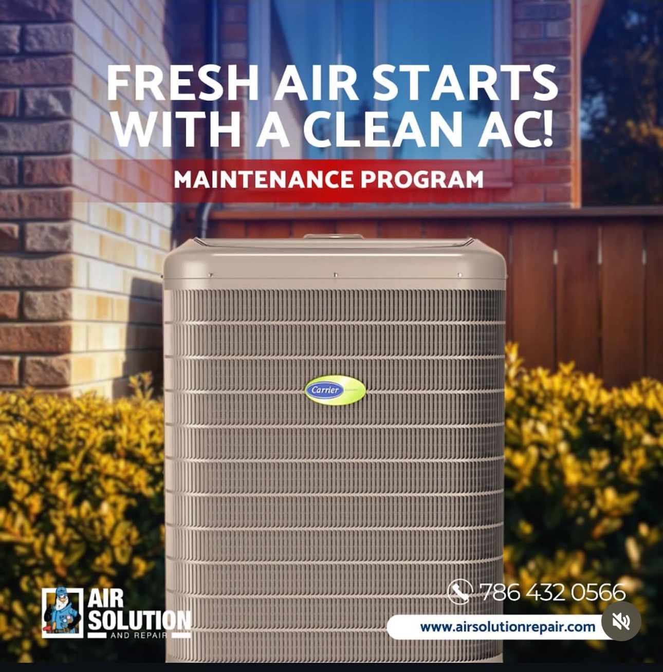 Gray AC unit in front of a brick house with text: “Fresh air starts with a clean AC! Maintenance program.”