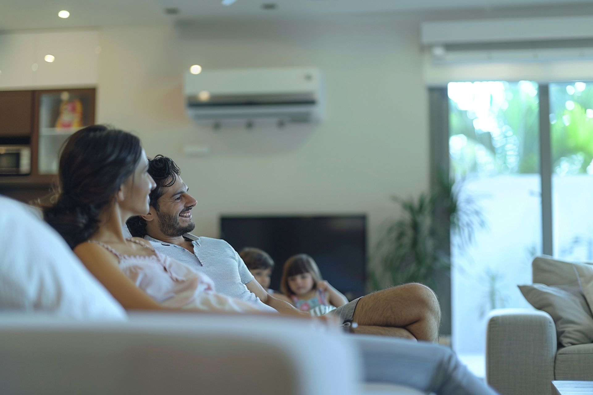People relaxing on a sofa in a bright living room, with a child nearby and daylight through large windows.