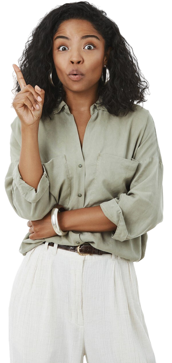 Woman in a light green blouse and white pants, holding up one finger with a surprised expression