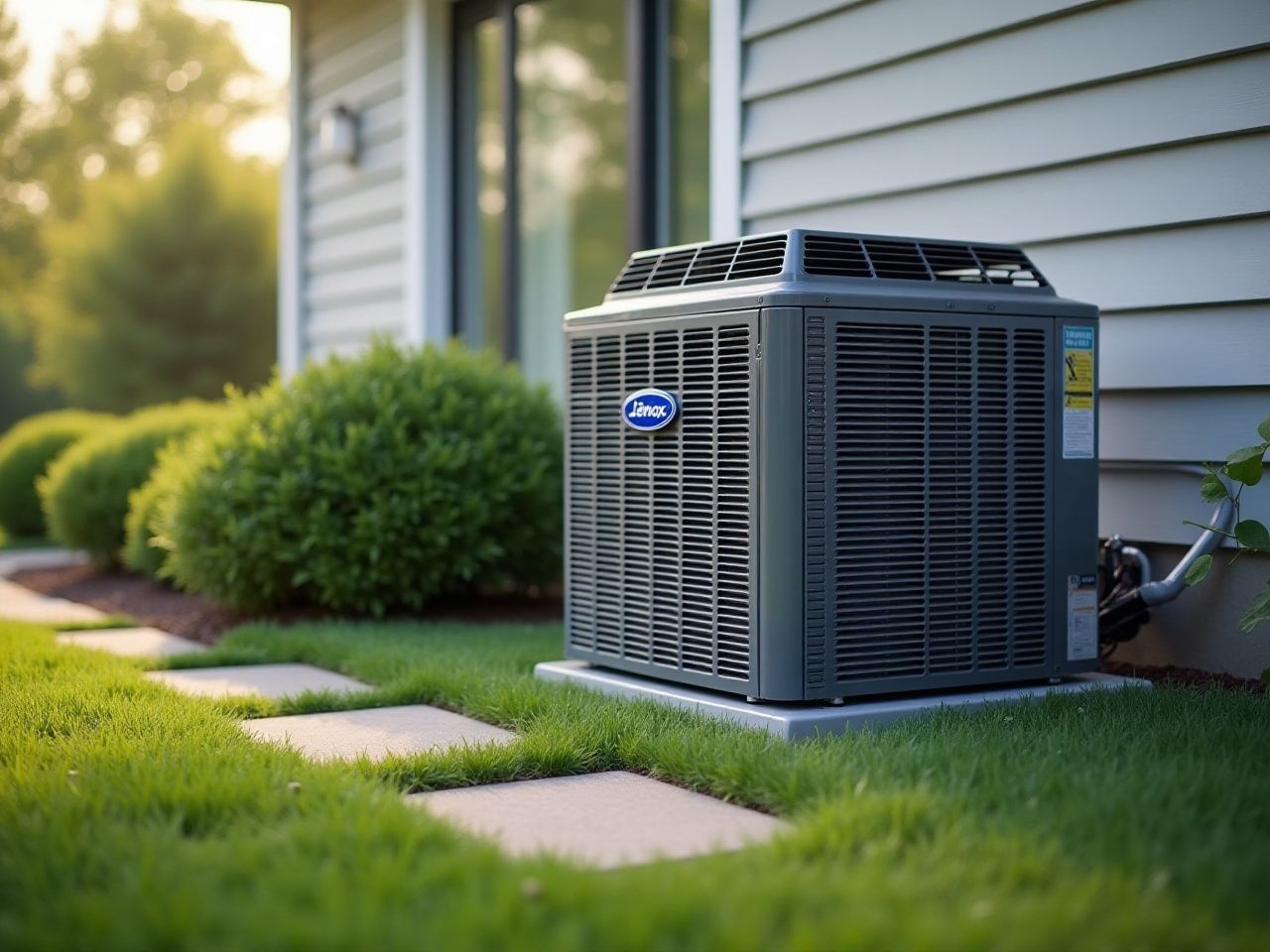 Outdoor central air conditioner unit beside a house and lawn.