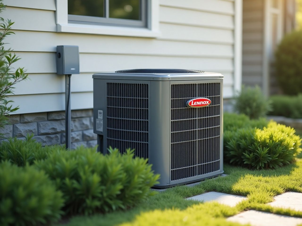Outdoor air conditioner unit beside a house, surrounded by shrubs and grass.