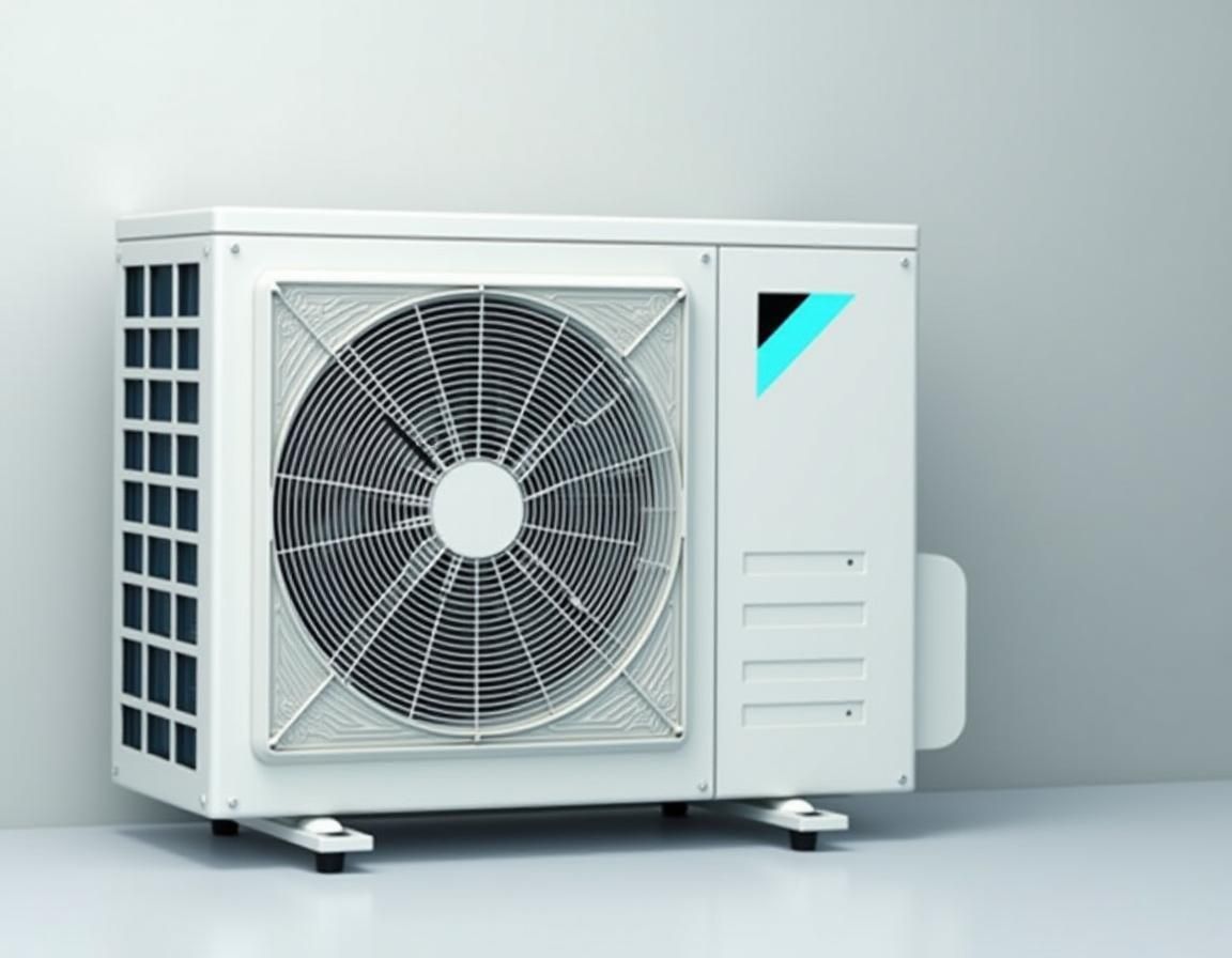 White outdoor air conditioner unit with a large front fan and cyan accent panel on a light background