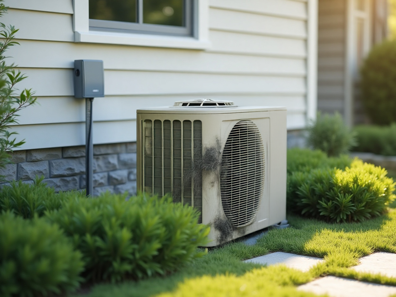 Outdoor air conditioning unit beside a house with green shrubs and a small window