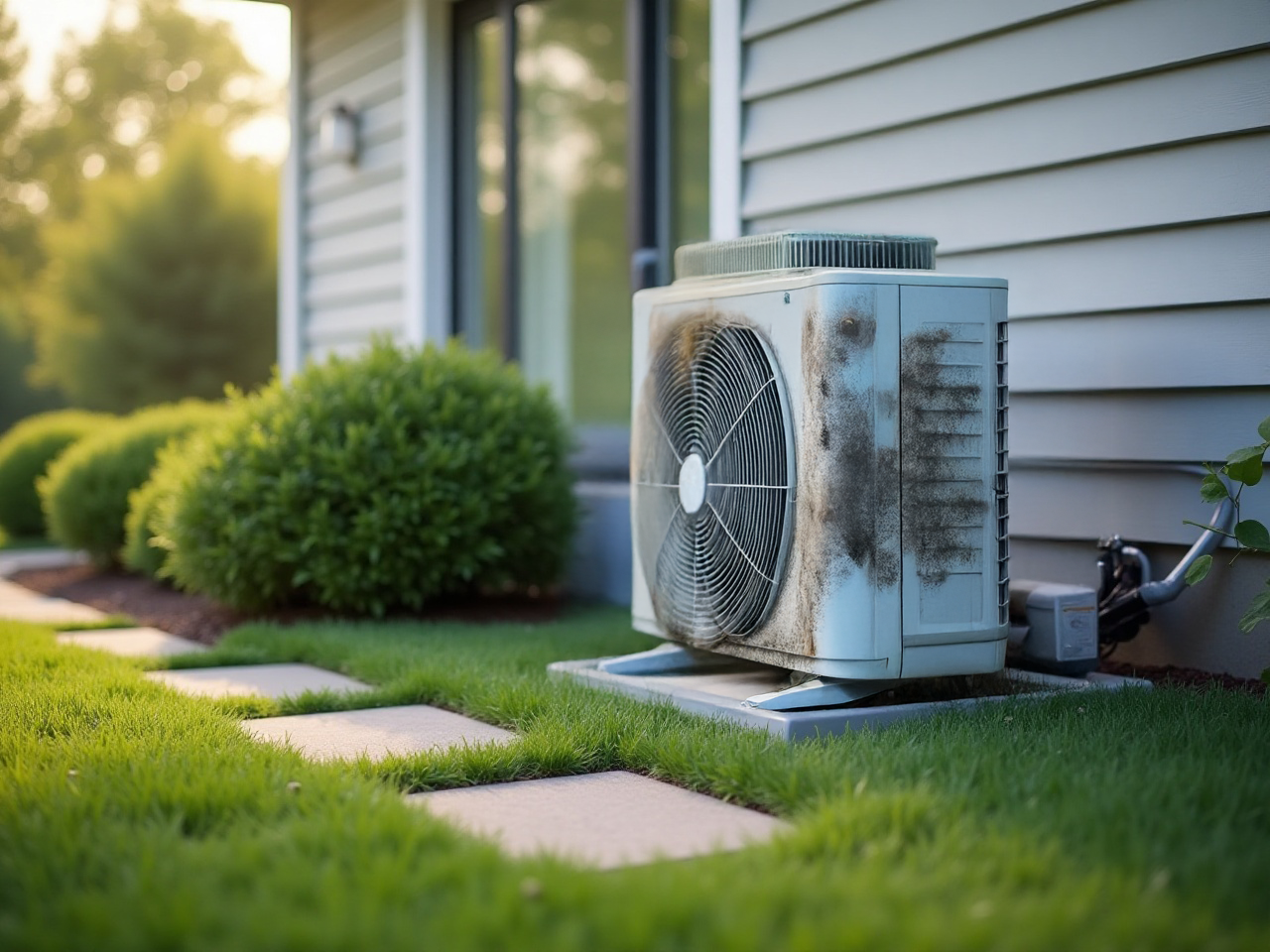 Outdoor air conditioner unit beside a house with a stone path and green lawn