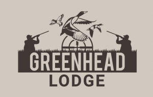 Greenhead Lodge logo with a bird on a branch and two hunters aiming guns on either side