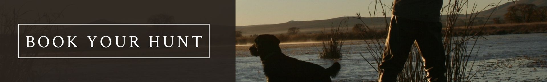 Banner with “BOOK YOUR HUNT” text over a hunter aiming a bow in a sunset field