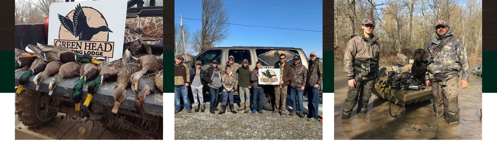 Three outdoor group photos of people posing with camouflage gear and a sign in a wooded area.