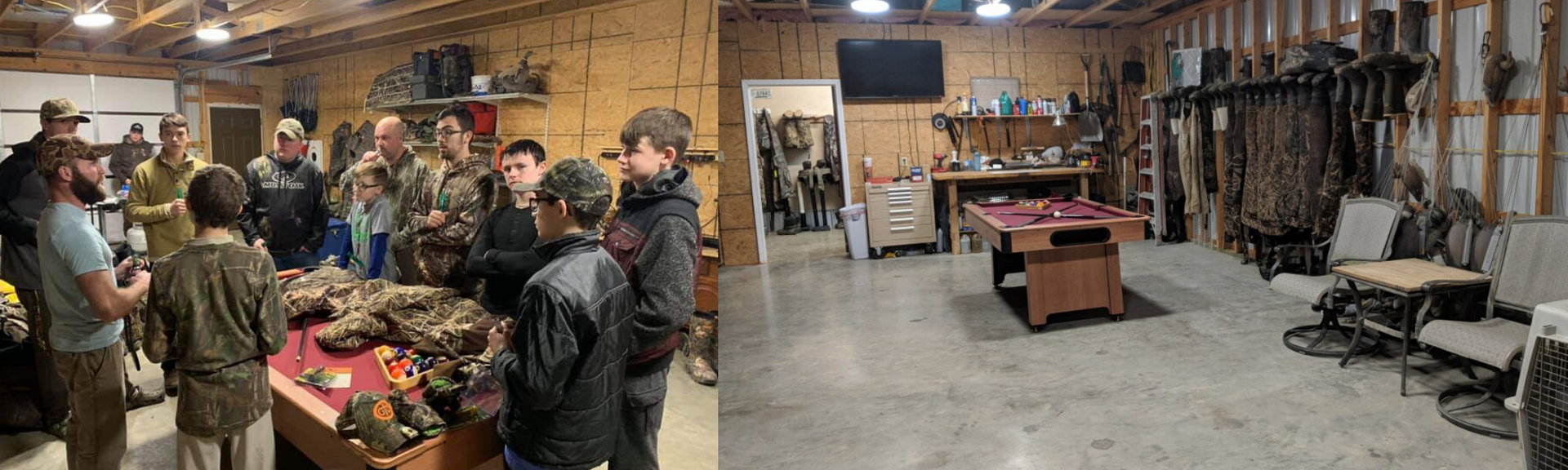 People gathered in a rustic workshop around a table, with tools and racks lining the walls.