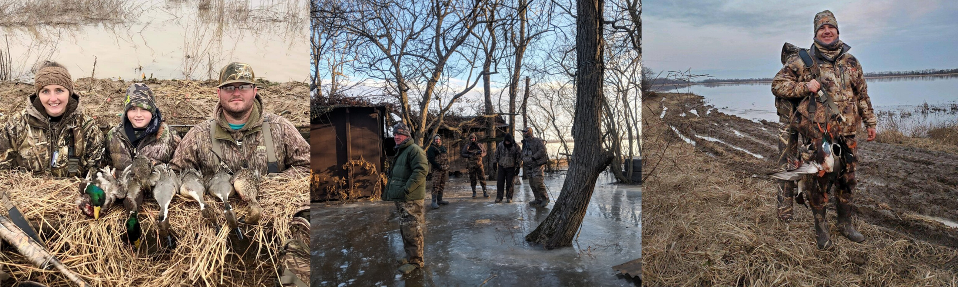 Three soldiers in camouflage stand in a snowy field near bare trees and a small building.