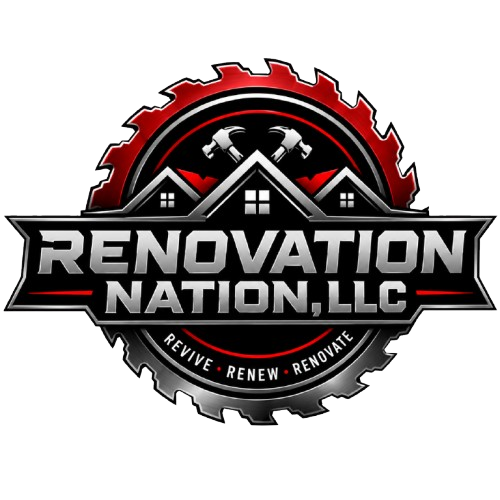 Renovation Nation logo with red and silver saw blade and hammer on black background