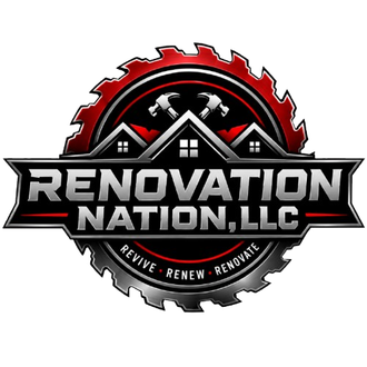 Renovation Nation logo with red and silver saw blade and hammer on black background