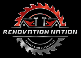 Renovation Nation logo with red and silver saw blade and hammer on black background