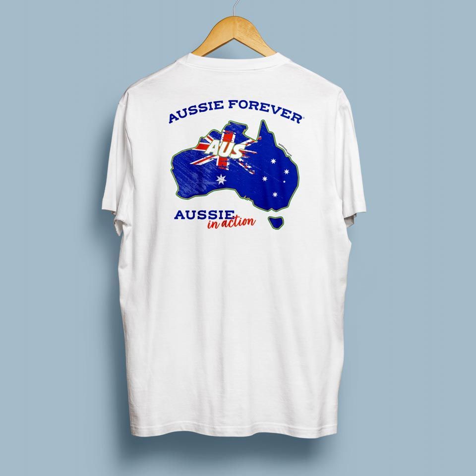 White T-shirt on hanger with blue Australia graphic and “AUSSIE FOREVER” text