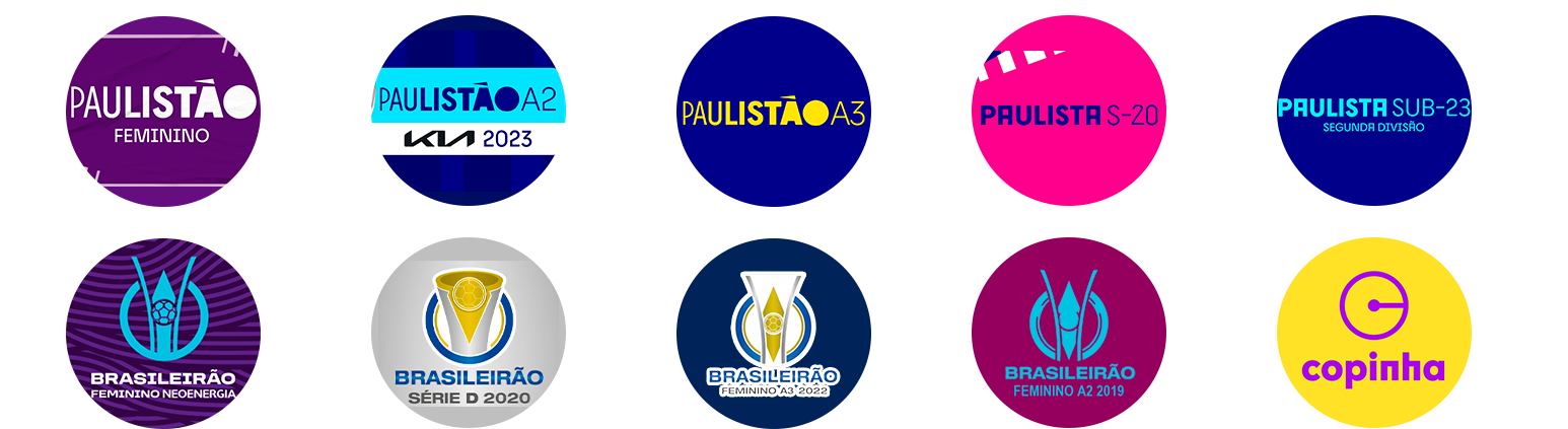Logotipos de vários times brasileiros em formatos redondos, a maioria em cores escuras, com nomes e símbolos dos times.
