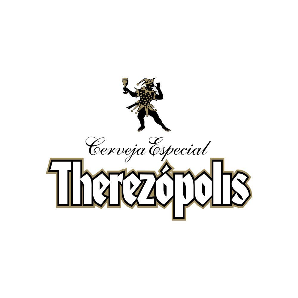 Logotipo da cerveja Therezópolis, apresentando uma figura estilizada segurando um copo, acima do nome da marca