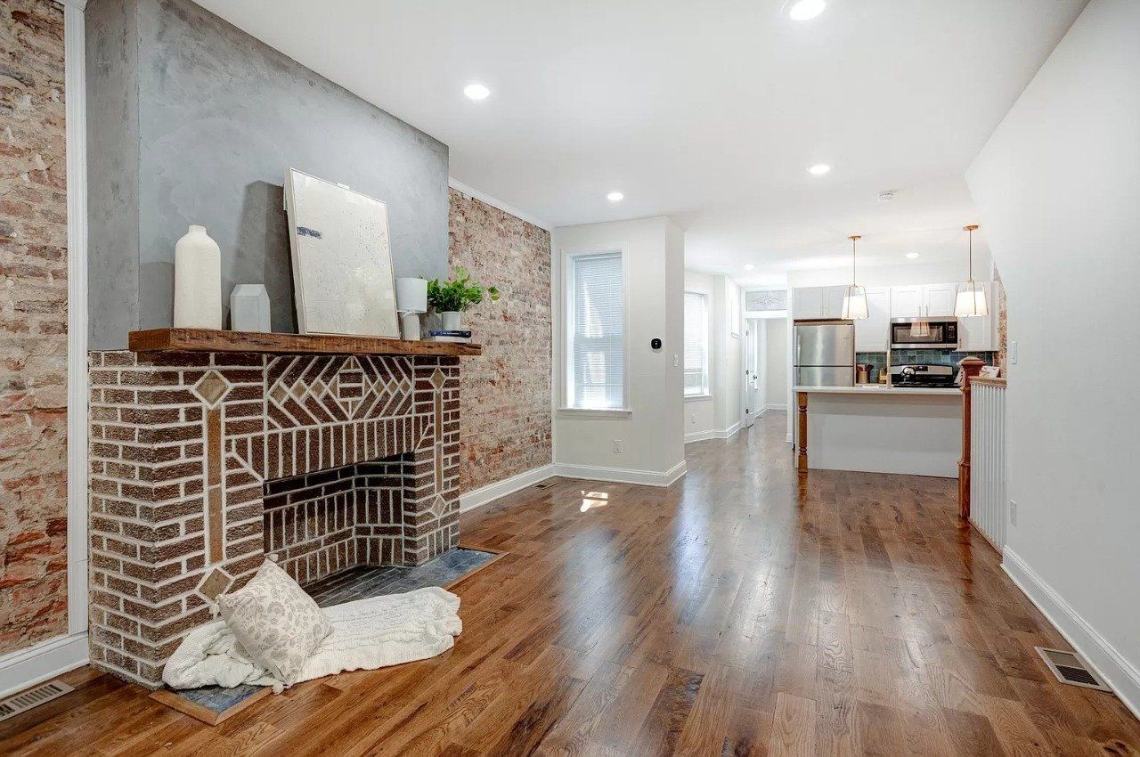 Living room interior with fire place
