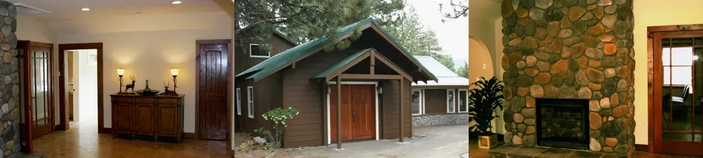Collage of a warm interior room, small brown cabin exterior, and a stone fireplace with wood mantel