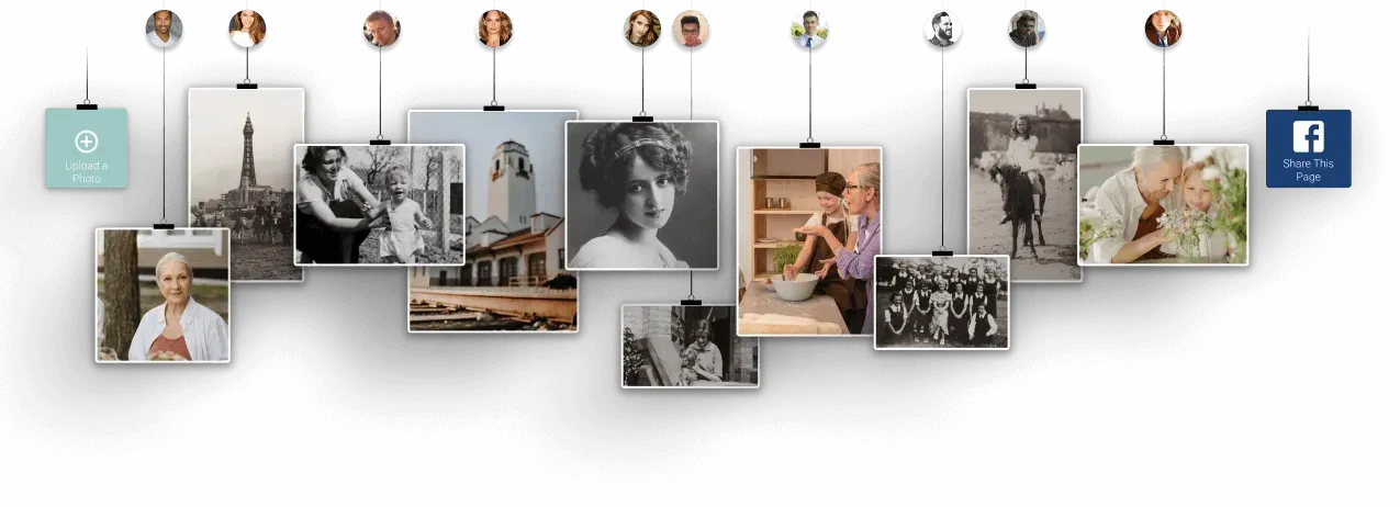 Collage of framed family photos hanging on a wall, with decorative clips and muted colors