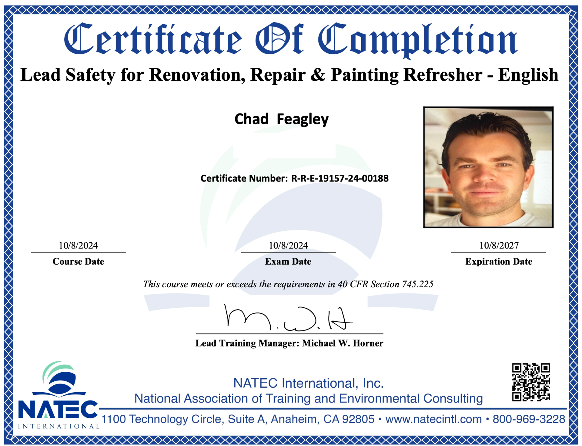 NATEC certificate of completion for lead safety training for Chad Feagley of Cutting Edge Painting